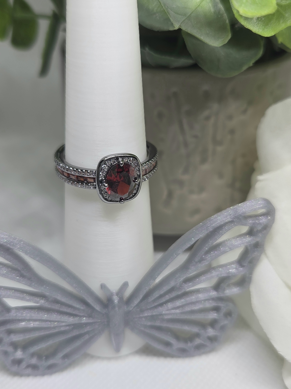 BP Garnet Halo Ring On Hematite Plating